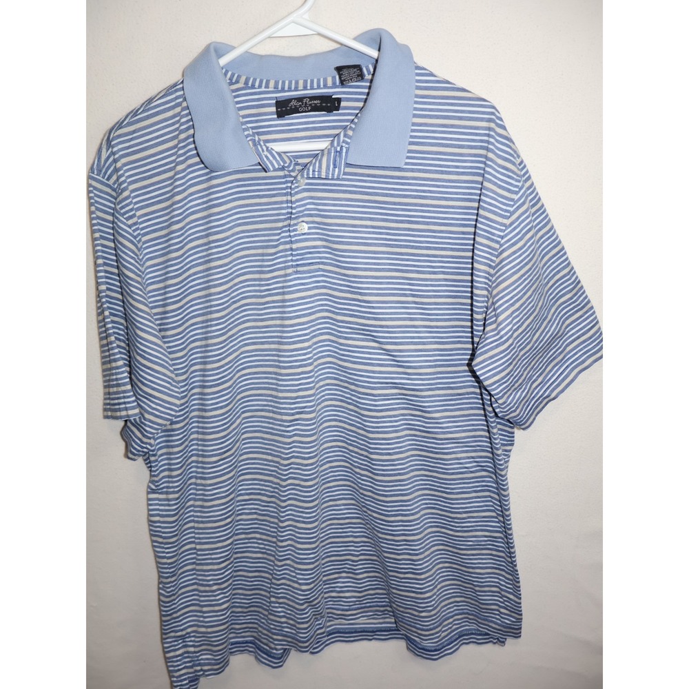 Alan Flusser Golf Mens Large Blue Striped Short Sleeve Polo Shirt Casual Classic